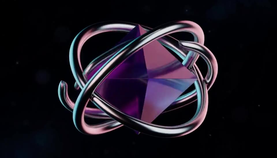 Sculptural violet prism surrounded by reflective chrome rings