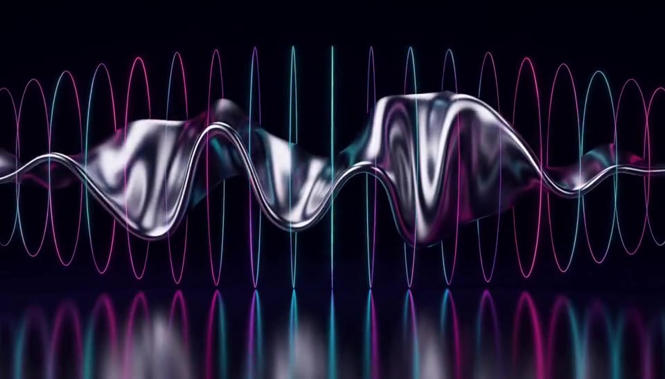 Sculptural liquid chrome soundwave with cyan and magenta light