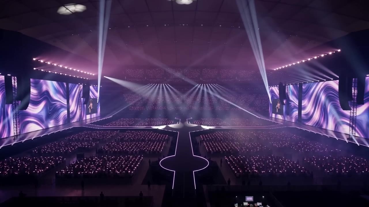 Violet concert lights and an immersive stage walkway
