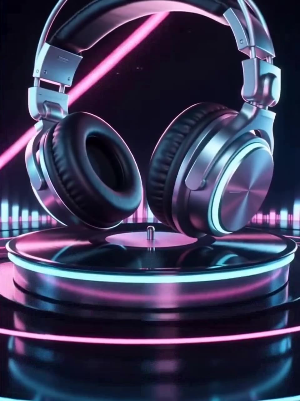 Neon headphones floating above a vinyl record