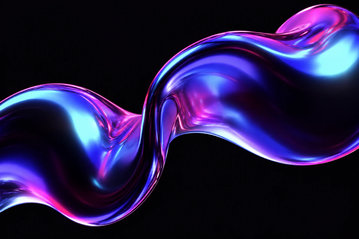 Flowing blue, violet and pink liquid chrome sculpture